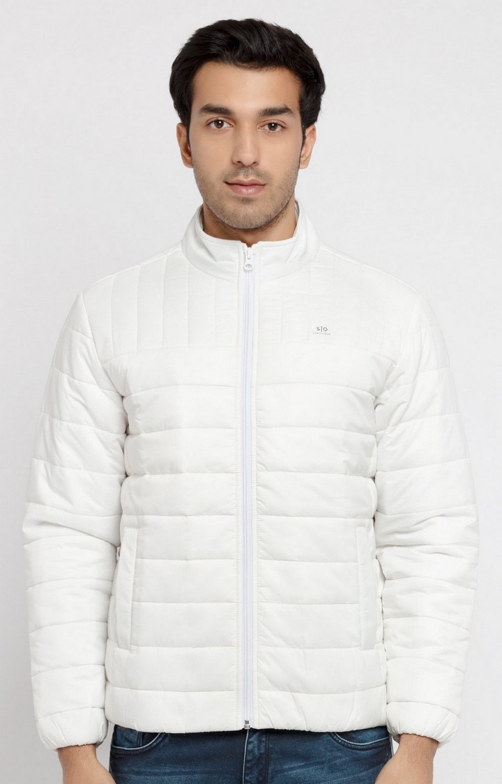 Men's White Polyester Solid Bomber Jackets