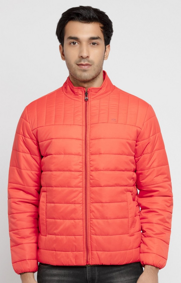 Men's Orange Polyester Quilted Bomber Jackets