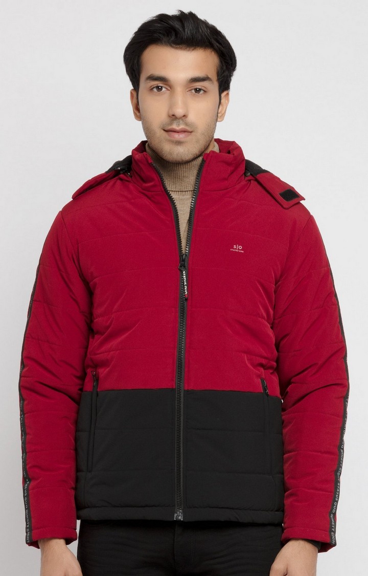 Status Quo | Men's Red Polyester Colourblock Bomber Jackets 0