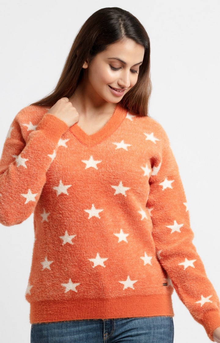 Status Quo | Women's Orange Acrylic Printed Sweaters 0