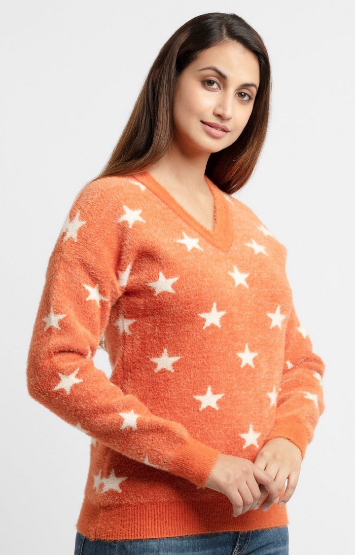 Status Quo | Women's Orange Acrylic Printed Sweaters 2