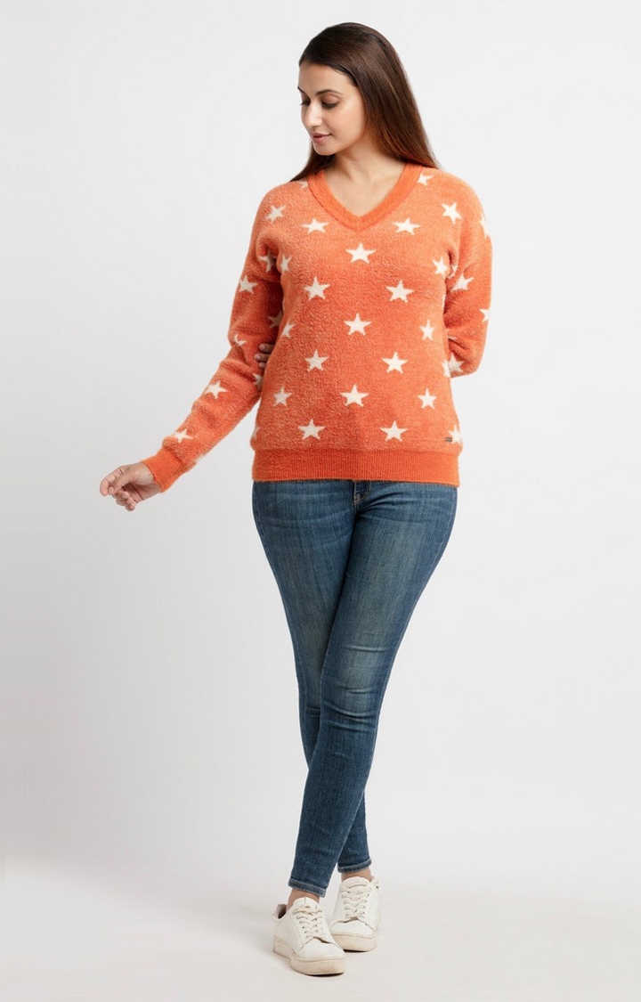 Status Quo | Women's Orange Acrylic Printed Sweaters 1