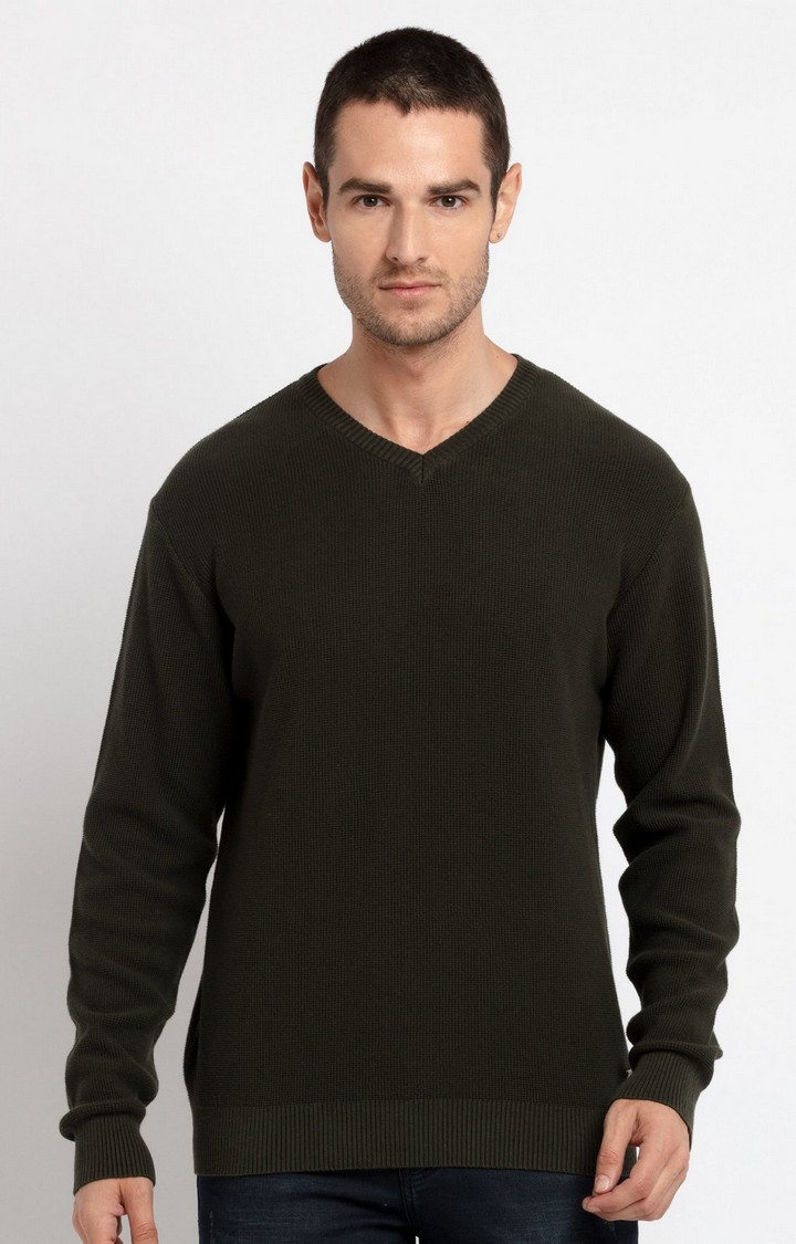 Men's Green Cotton Solid Sweaters
