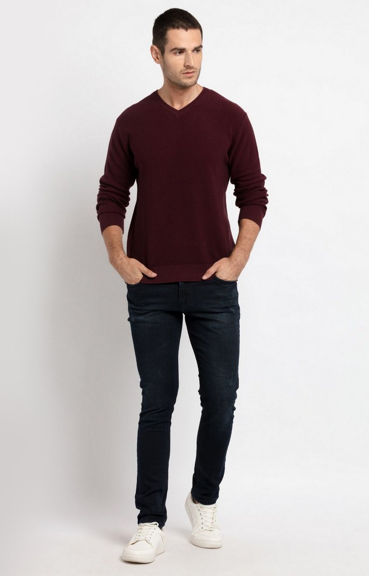 Men's Red Cotton Solid Sweaters