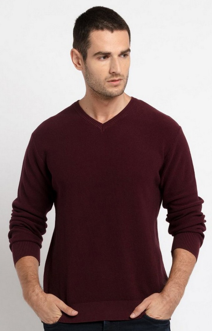 Men's Red Cotton Solid Sweaters