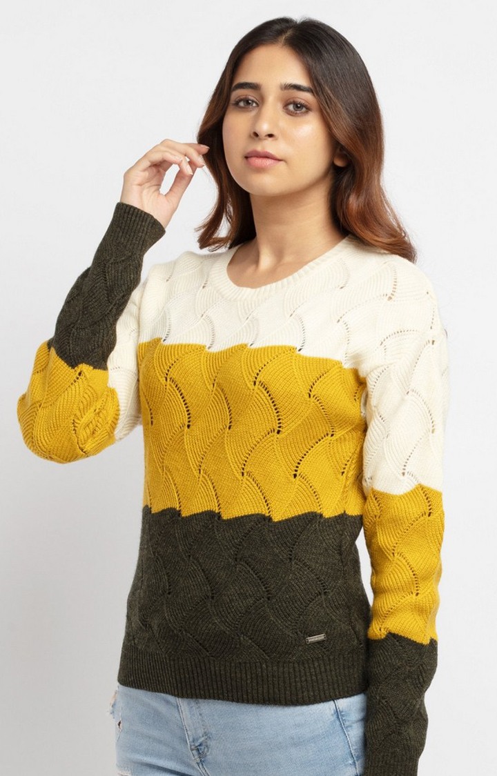 Women's Yellow Polycotton Colourblock Sweaters