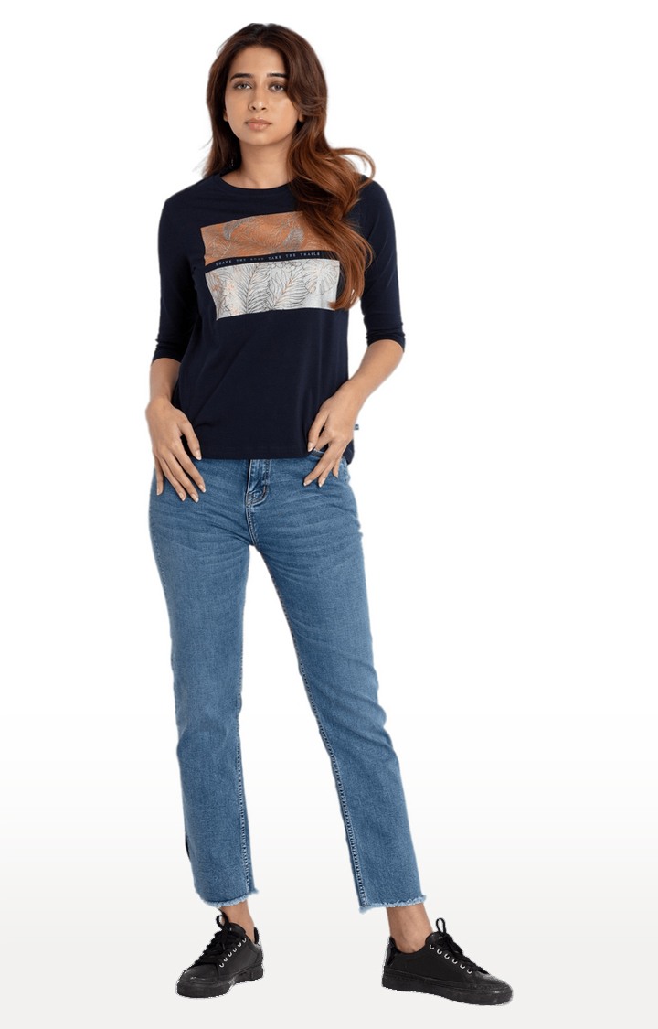 Women's Navy Blue Cotton Printeded Regular T-Shirt