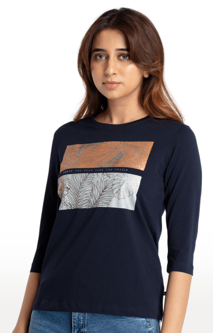 Women's Navy Blue Cotton Printeded Regular T-Shirt