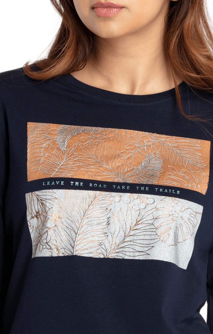 Women's Navy Blue Cotton Printeded Regular T-Shirt