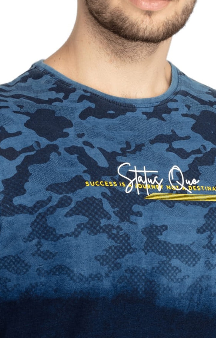 Men's Indigo Blue Cotton Printeded Regular T-Shirt