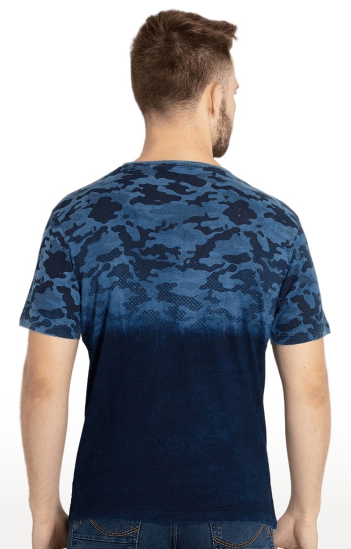 Men's Indigo Blue Cotton Printeded Regular T-Shirt