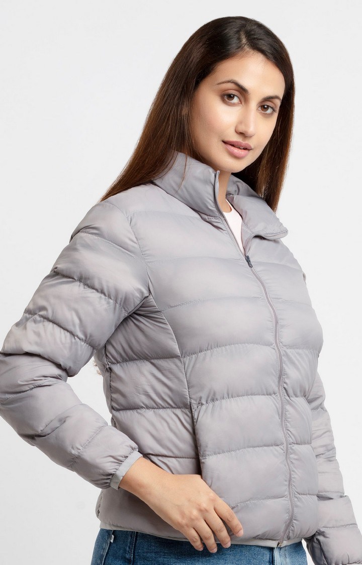Women's Grey Nylon Quilted Bomber Jackets