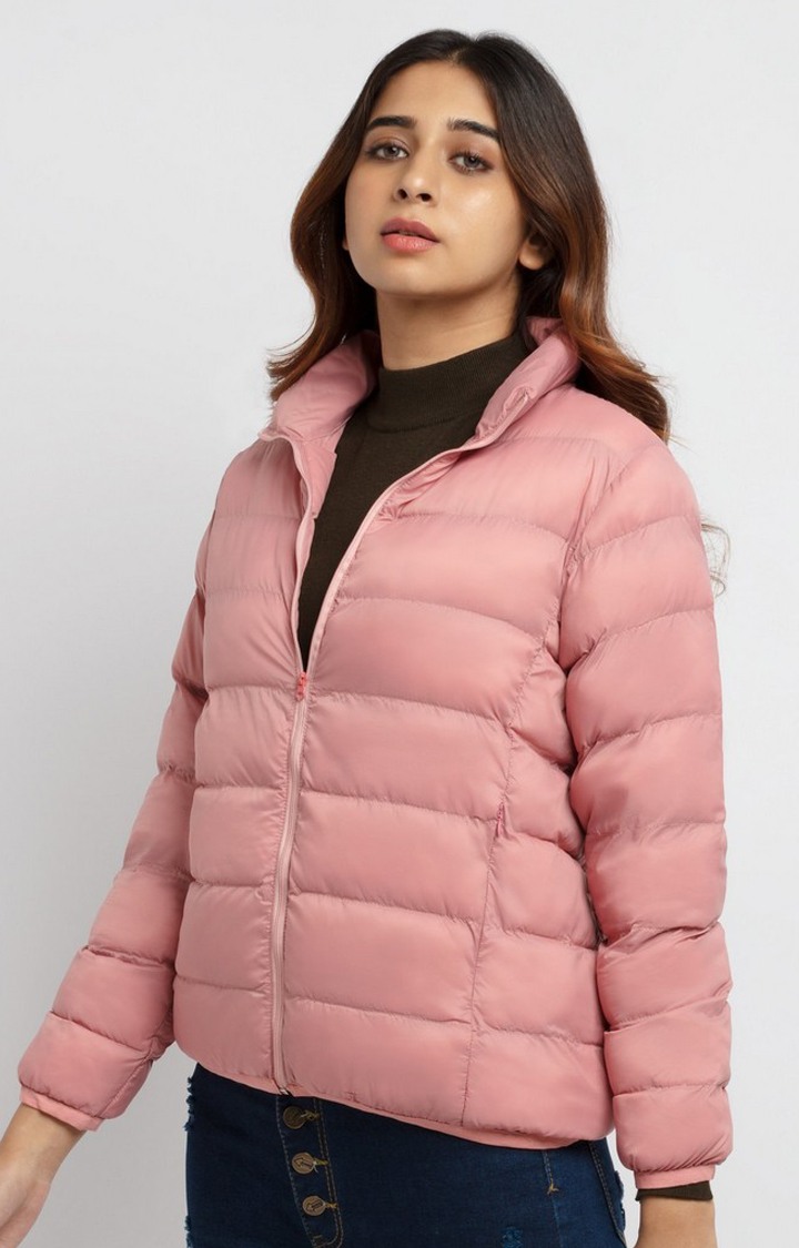 Women's Pink Nylon Quilted Bomber Jackets