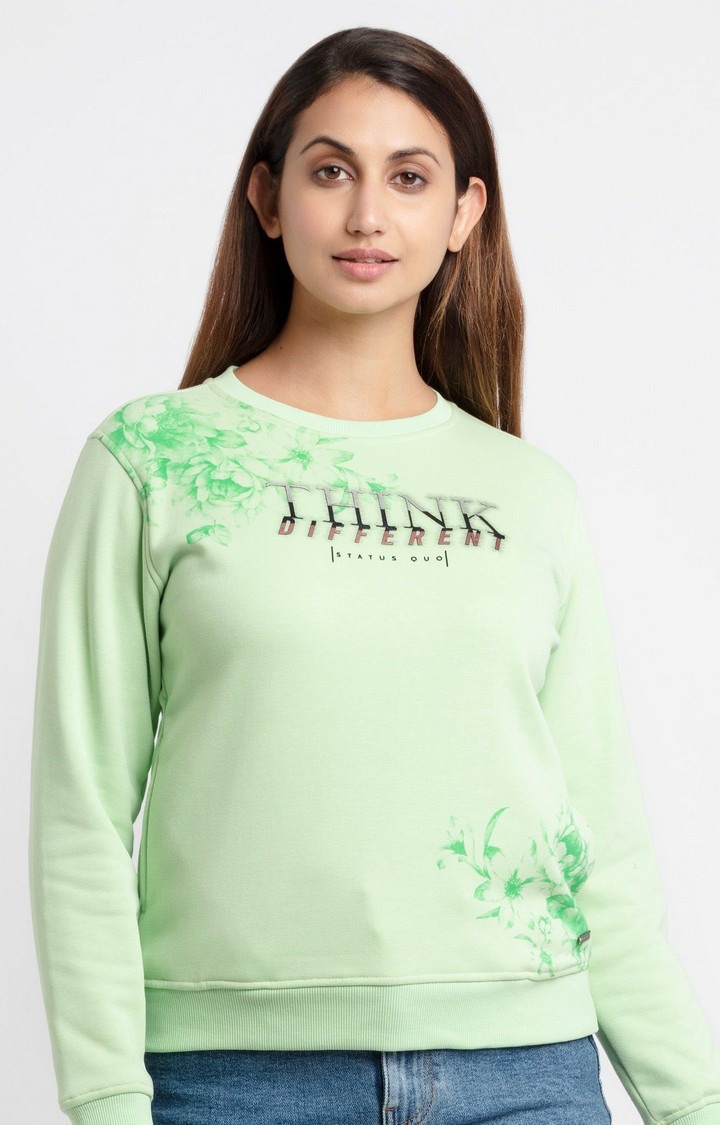 Women's Green Polycotton Typographic Sweatshirts