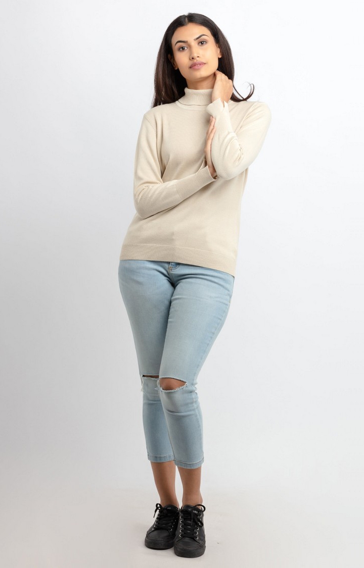 Status Quo | Women's Beige Viscose Solid Sweaters 1