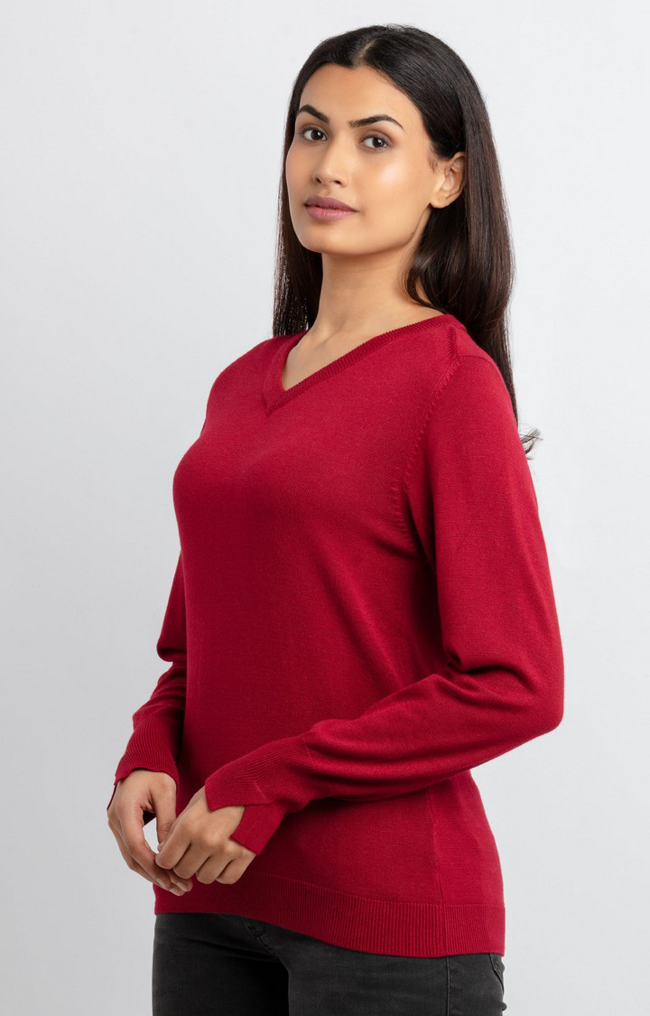Women's Red Viscose Solid Sweaters