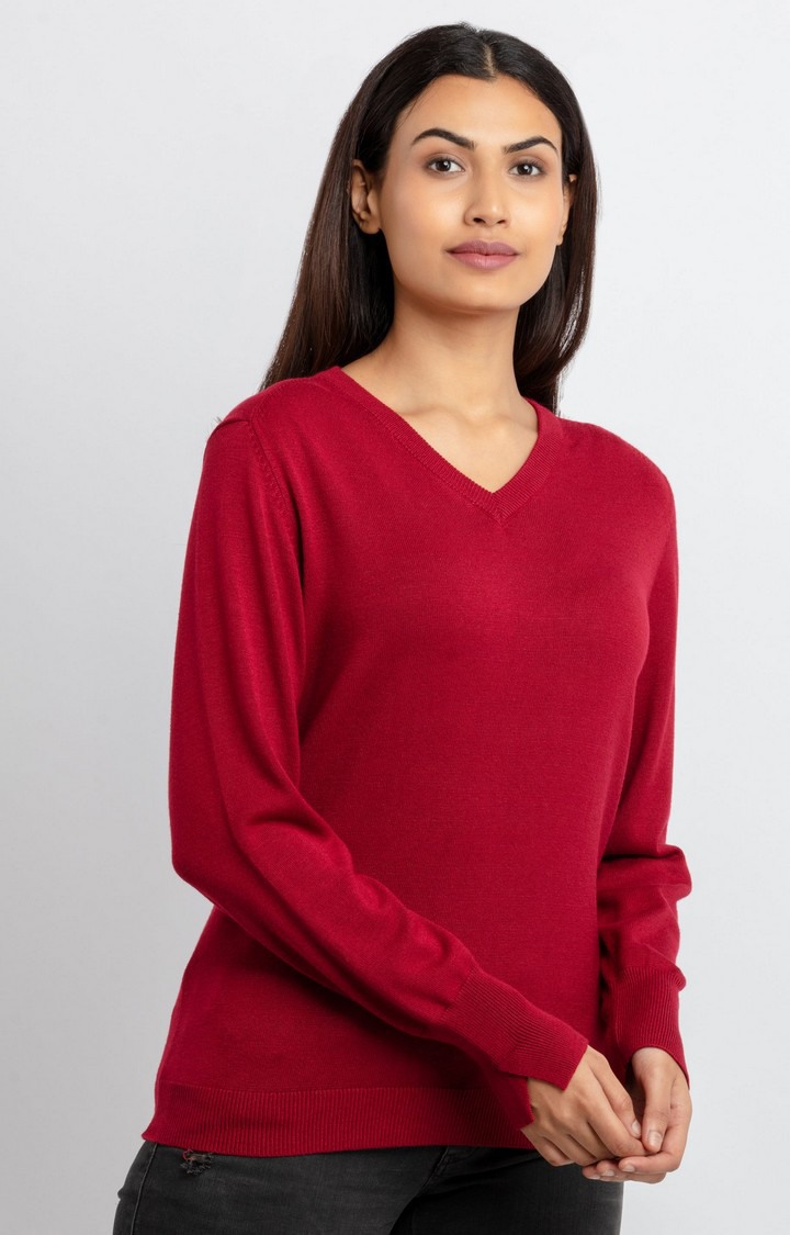 Women's Red Viscose Solid Sweaters