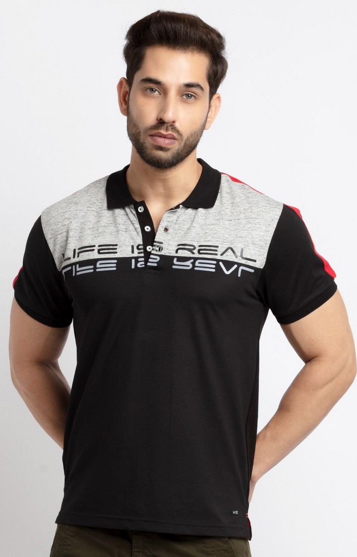 Men s Black Cotton Printed Polos