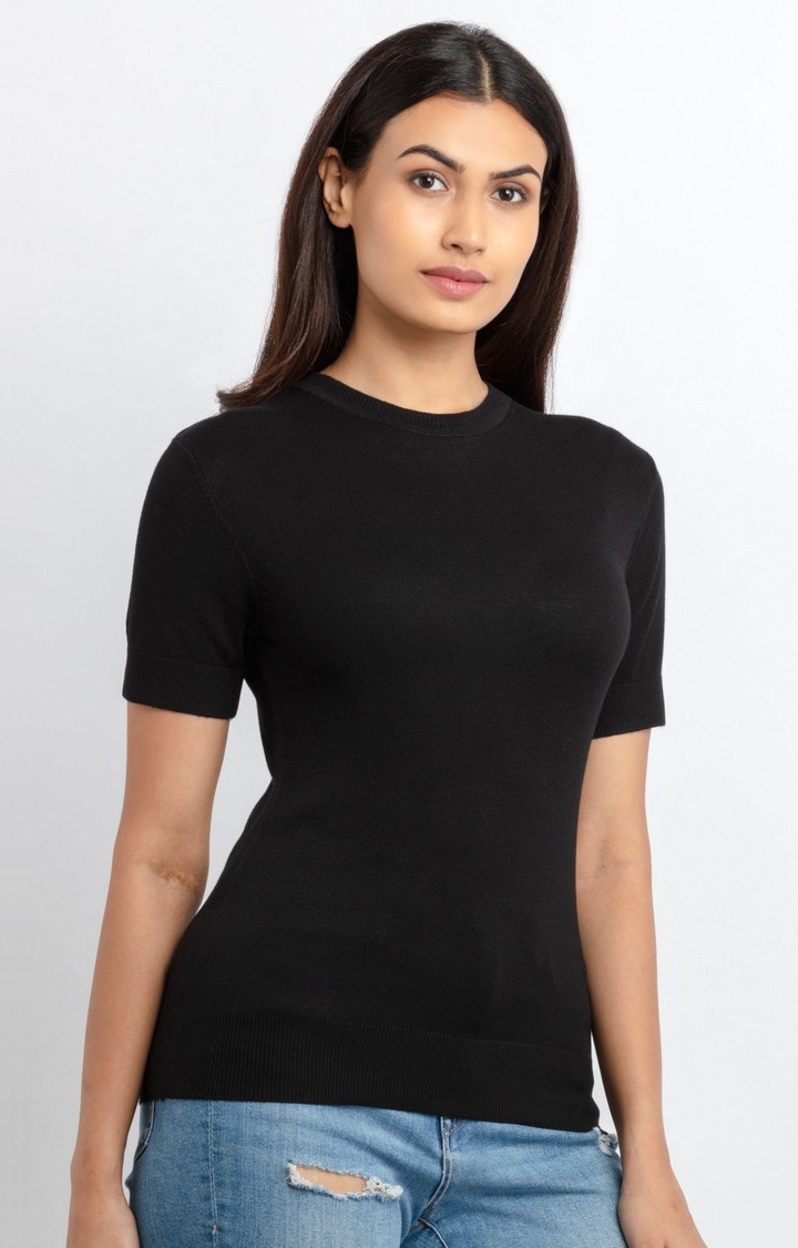 Status Quo | Women's Black Viscose Solid Regular T-Shirt 2
