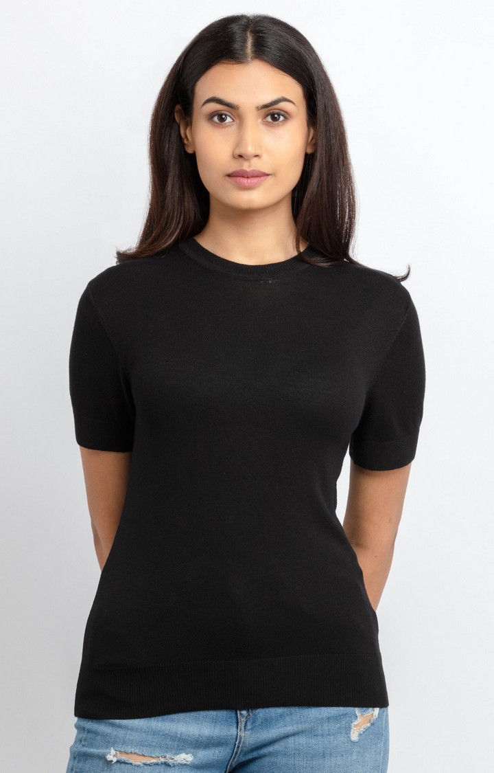 Status Quo | Women's Black Viscose Solid Regular T-Shirt 0