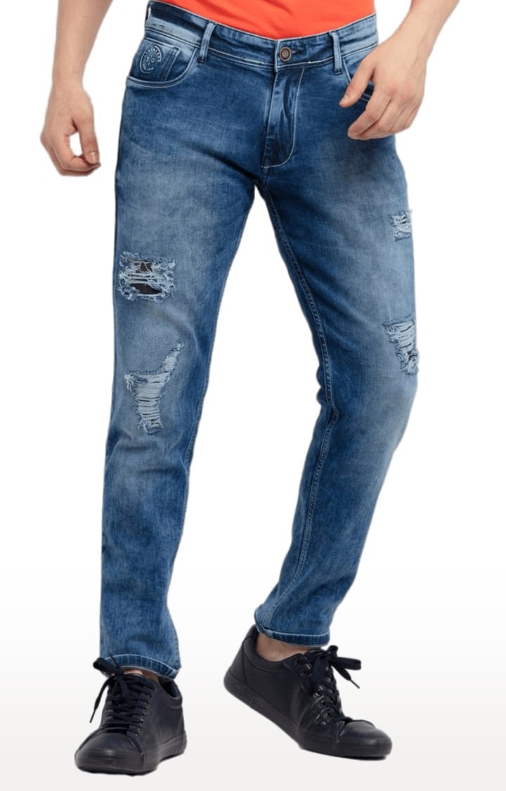 Men's Blue Cotton Ripped Ripped Jeans