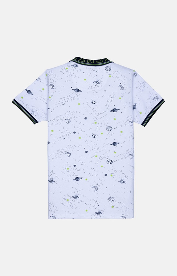 Boys White Cotton Printeded Polo T-Shirts