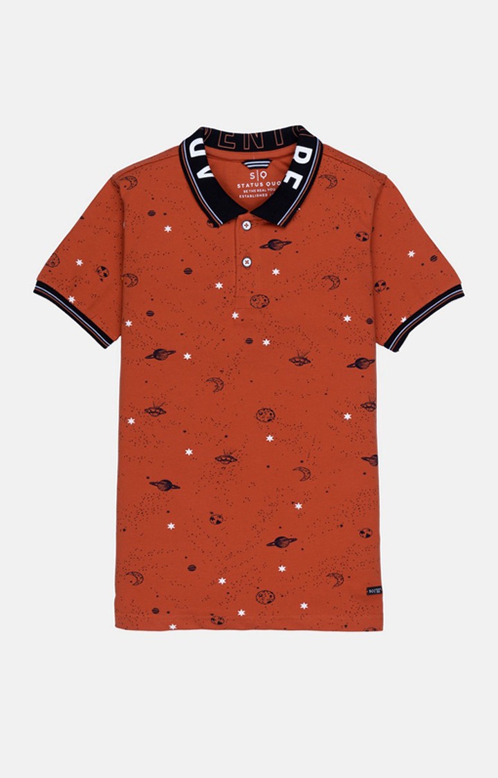 Boy's Brown Cotton Printed Polos