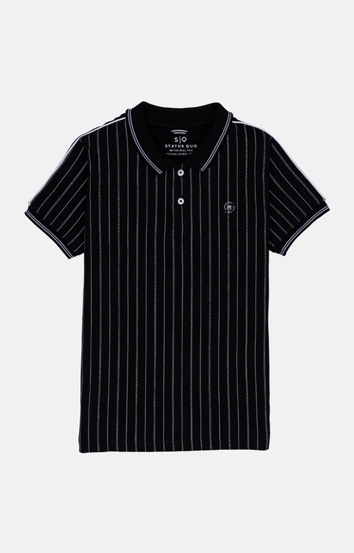 Status Quo | Boys Black Cotton Striped Polo T-Shirts 0