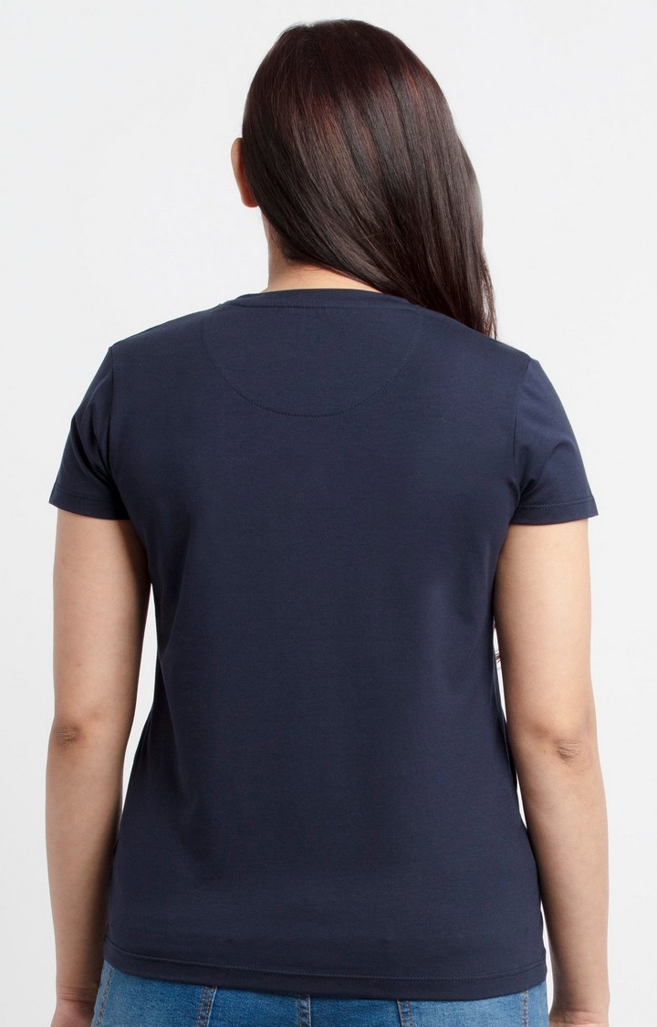 Women's Blue Cotton Typographic Printed Regular T-Shirt