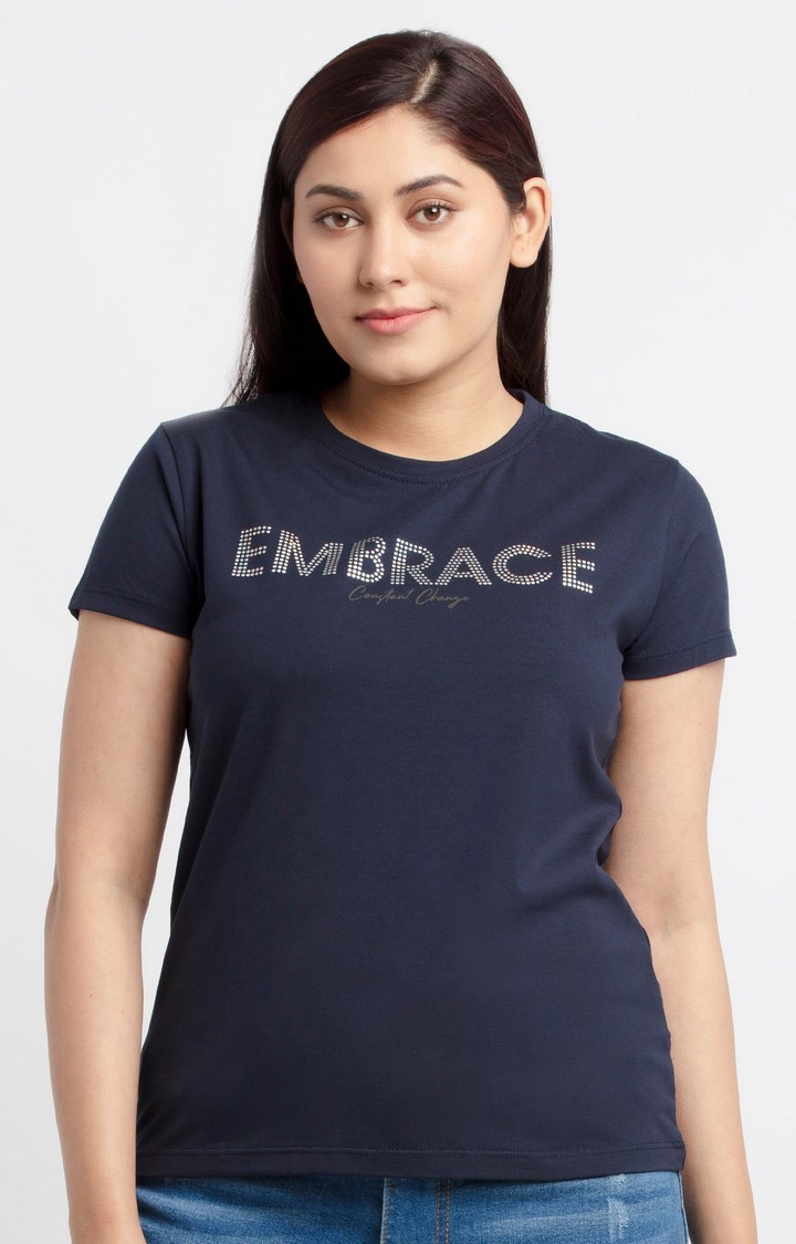 Women's Blue Cotton Typographic Printed Regular T-Shirt