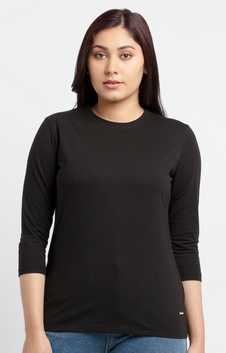 Status Quo | Women's Black Cotton Solid Regular T-Shirt 0