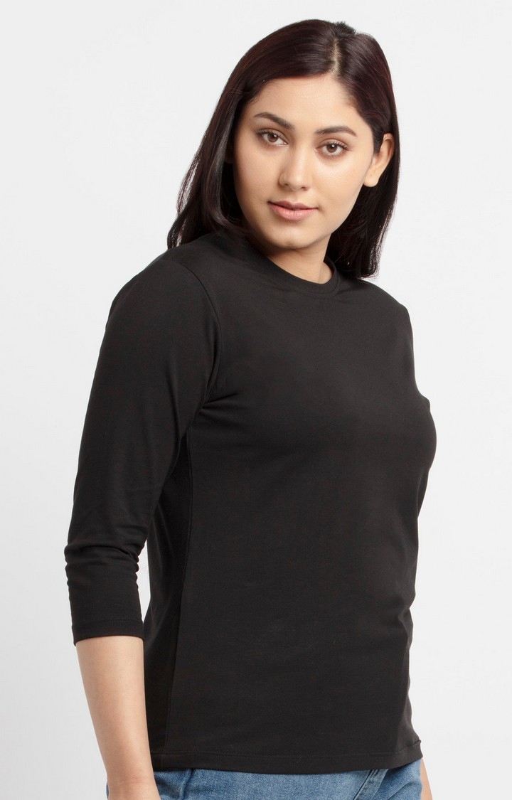 Status Quo | Women's Black Cotton Solid Regular T-Shirt 2