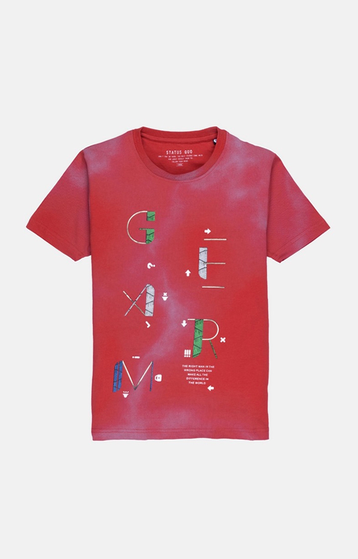 Status Quo | Boys Red Cotton Typographic Printed Regular T-Shirt 0