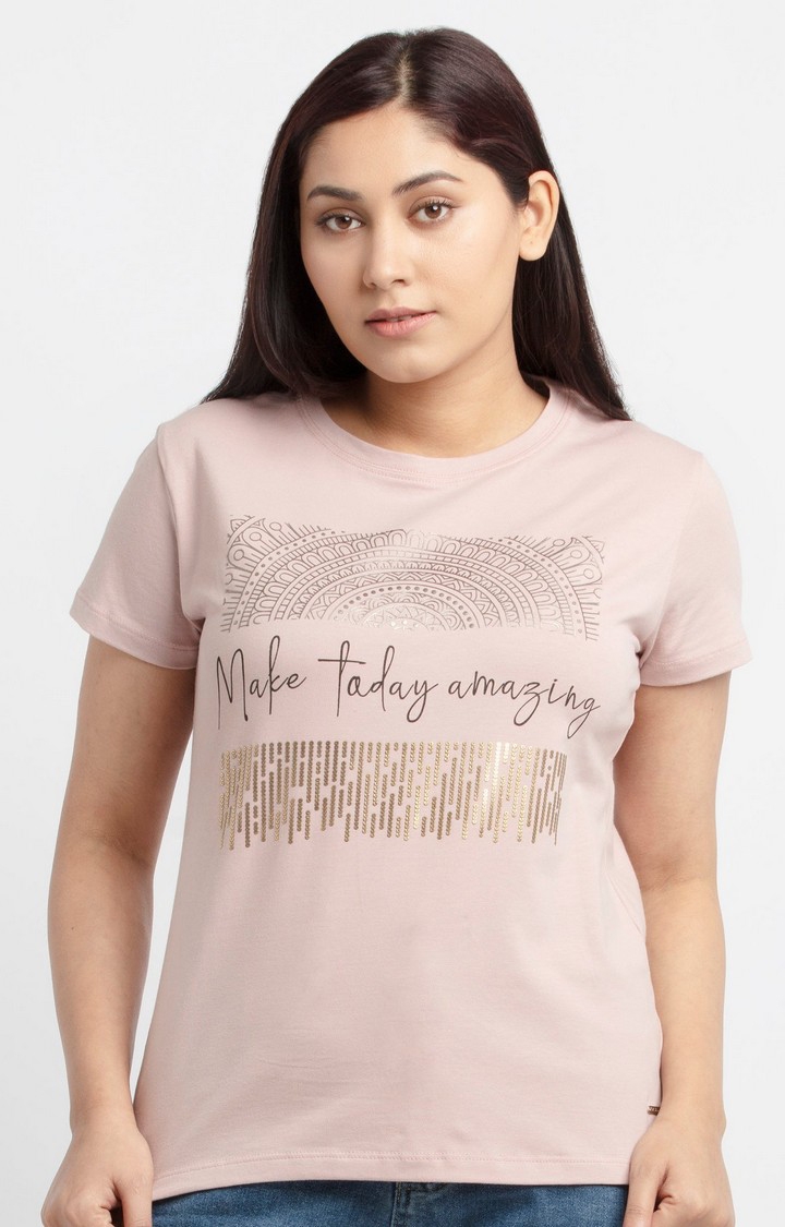 Status Quo | Women's Pink Cotton Typographic Printed Regular T-Shirt 0