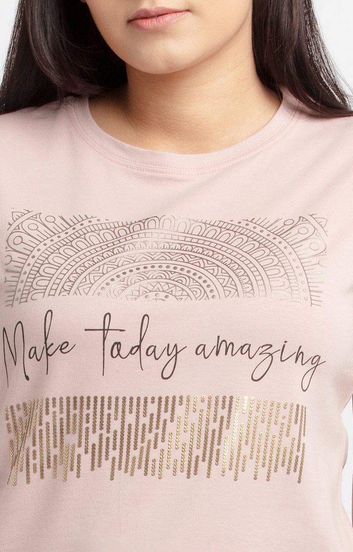 Status Quo | Women's Pink Cotton Typographic Printed Regular T-Shirt 4
