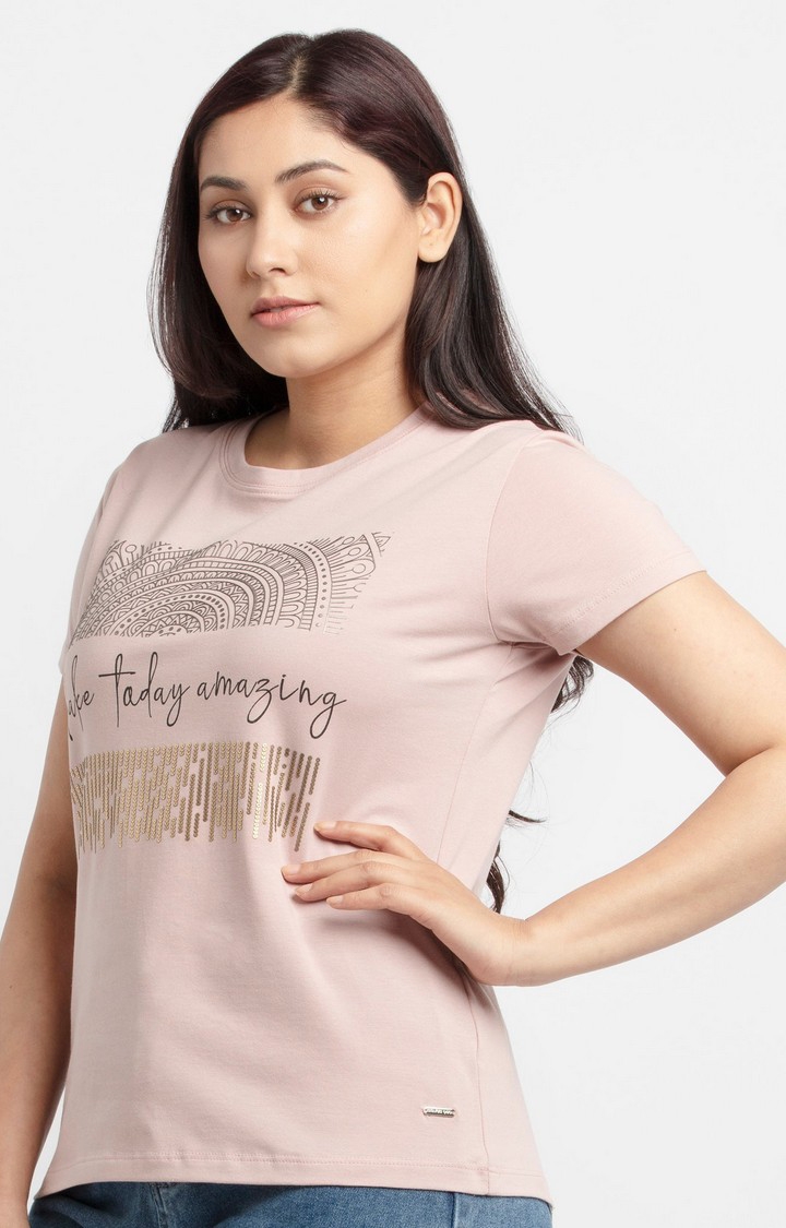Status Quo | Women's Pink Cotton Typographic Printed Regular T-Shirt 2