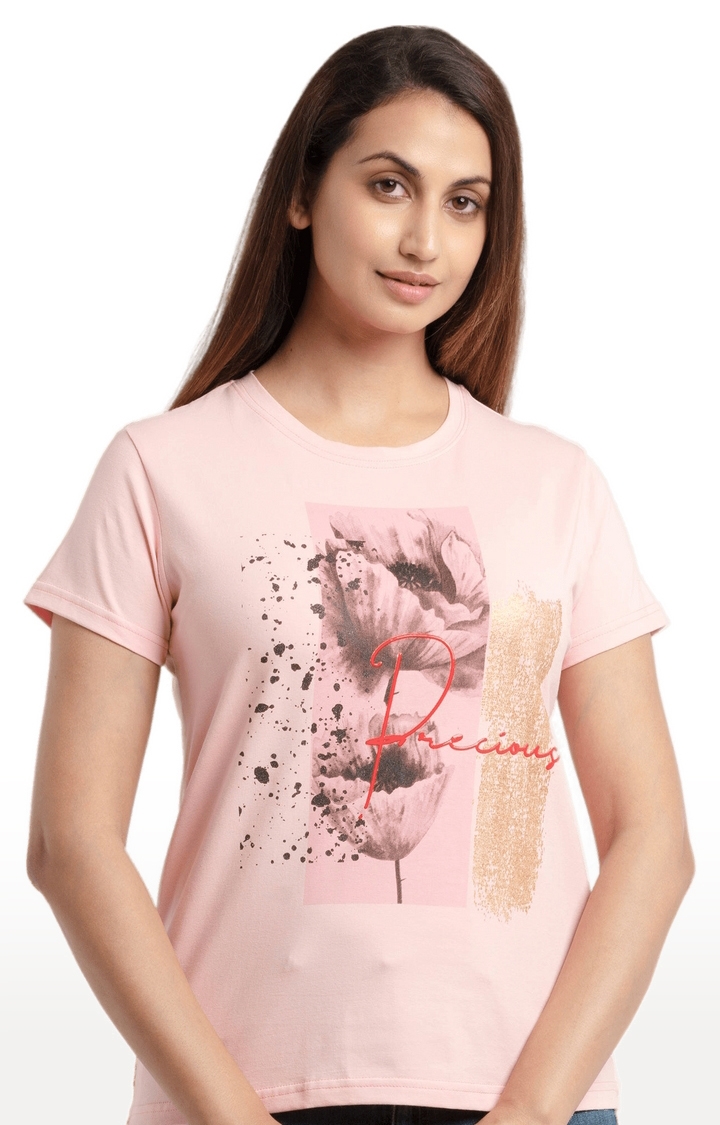 Status Quo | Women's Pink Cotton Floral Regular T-Shirt 0