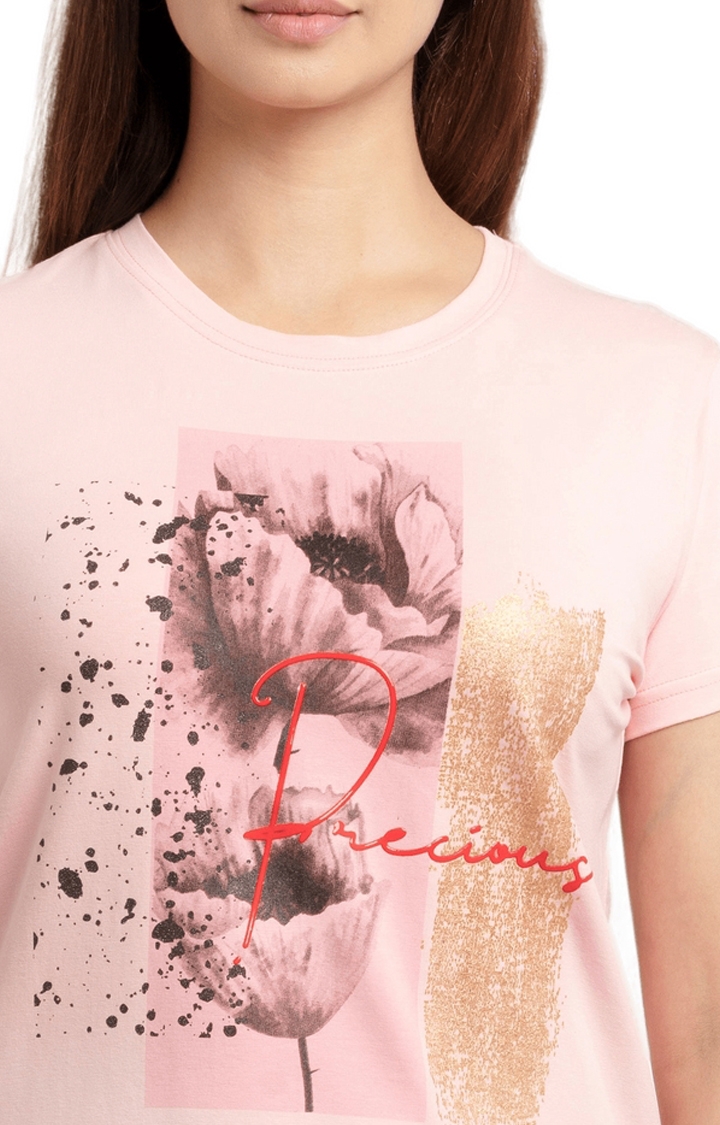 Status Quo | Women's Pink Cotton Floral Regular T-Shirt 4