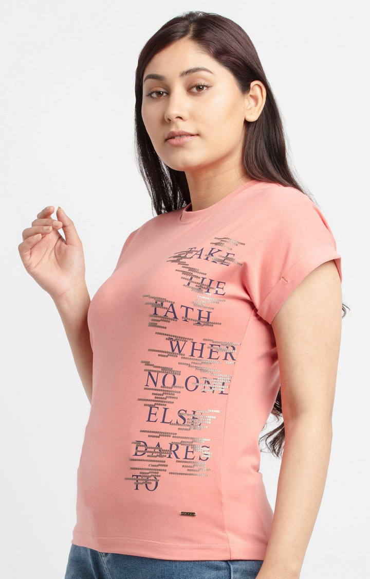 Women's Pink Cotton Printeded Regular T-Shirt