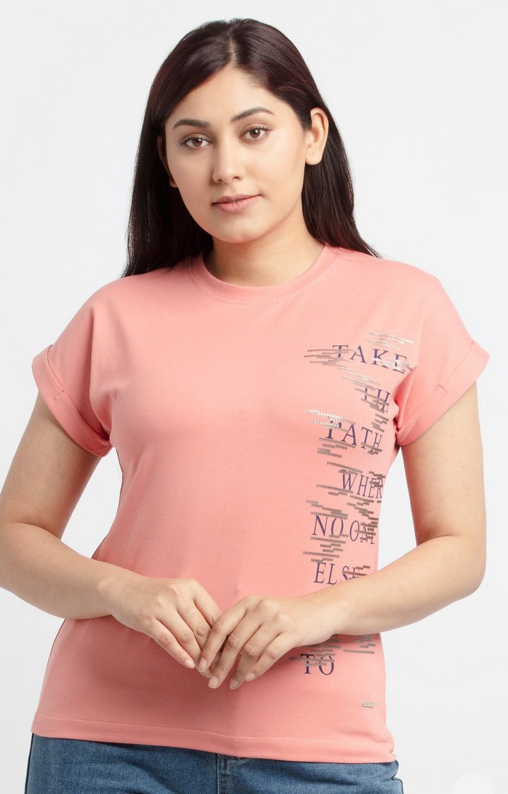 Women's Pink Cotton Printeded Regular T-Shirt