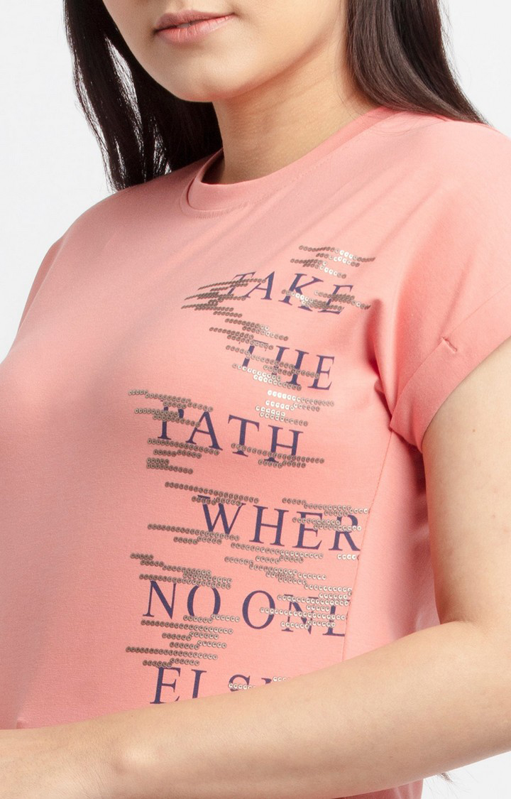Women's Pink Cotton Printeded Regular T-Shirt