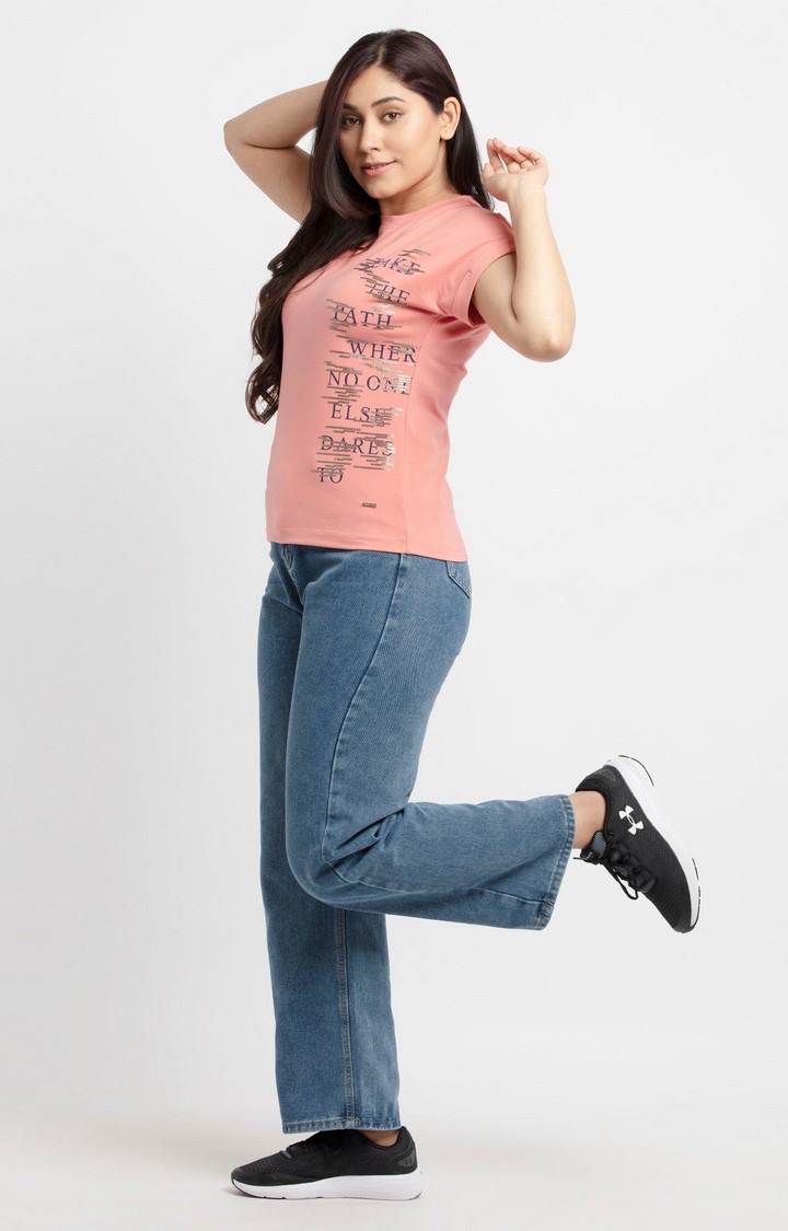 Women's Pink Cotton Printeded Regular T-Shirt
