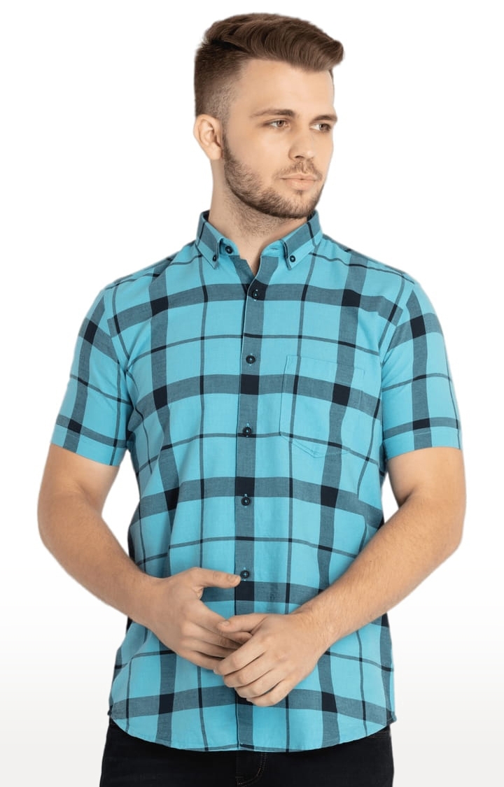 Status Quo | Men's Blue Cotton Checked Casual Shirts 0
