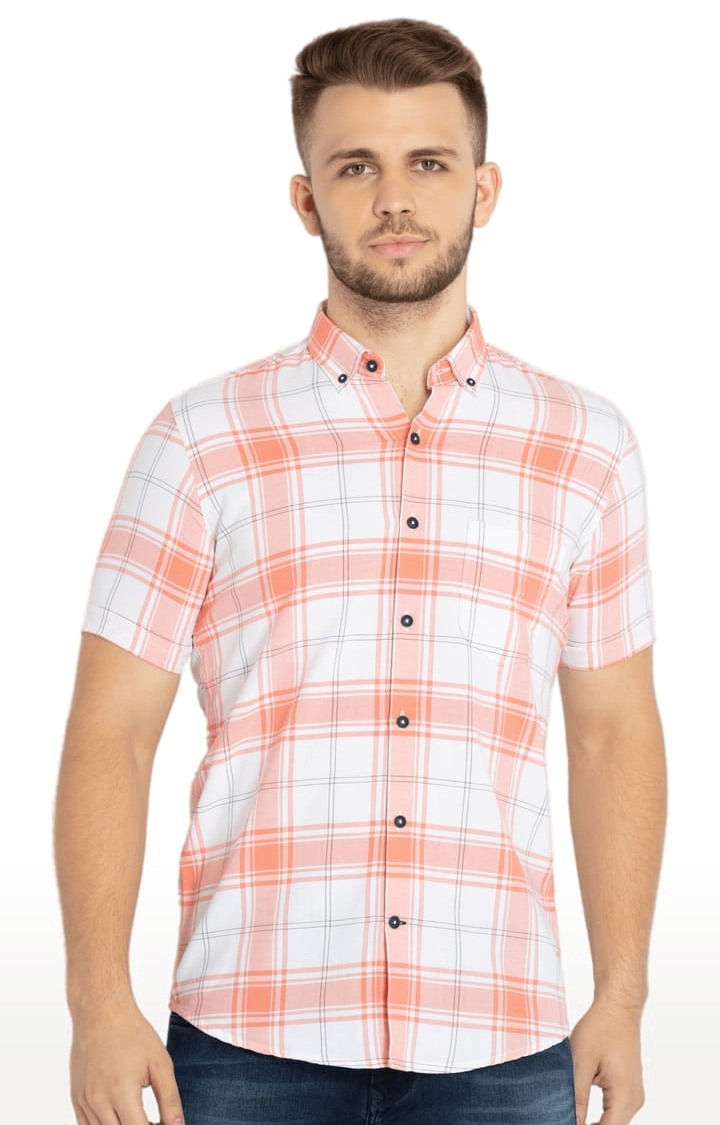 Men's Peach Cotton Checked Casual Shirts
