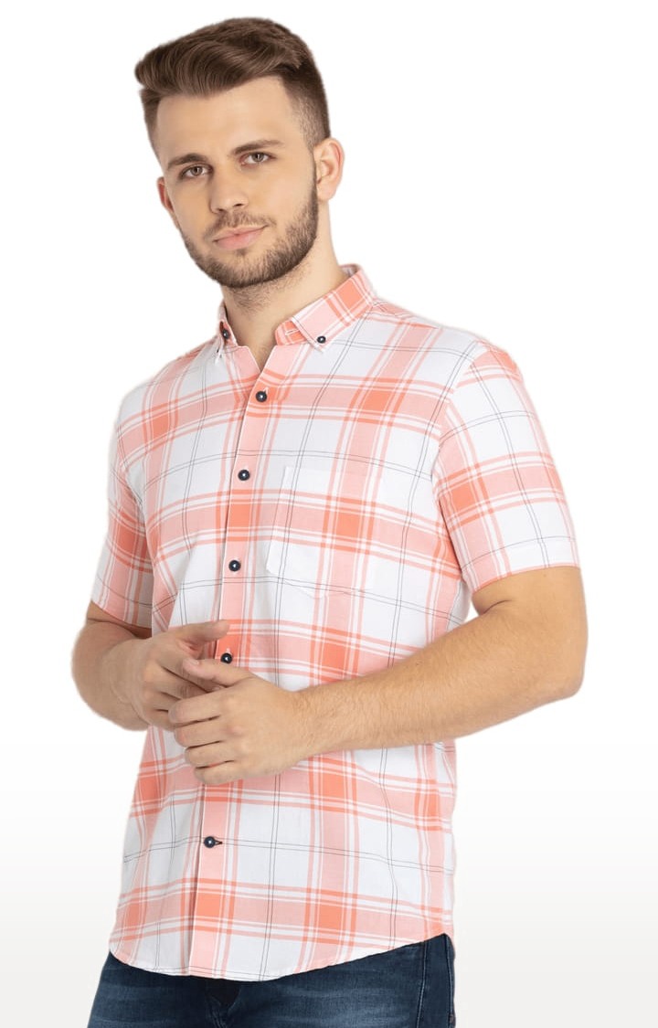 Men's Peach Cotton Checked Casual Shirts