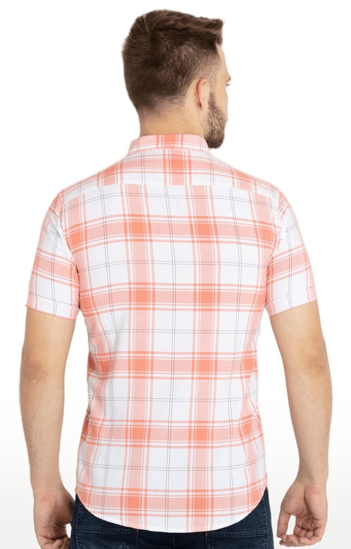 Men's Peach Cotton Checked Casual Shirts