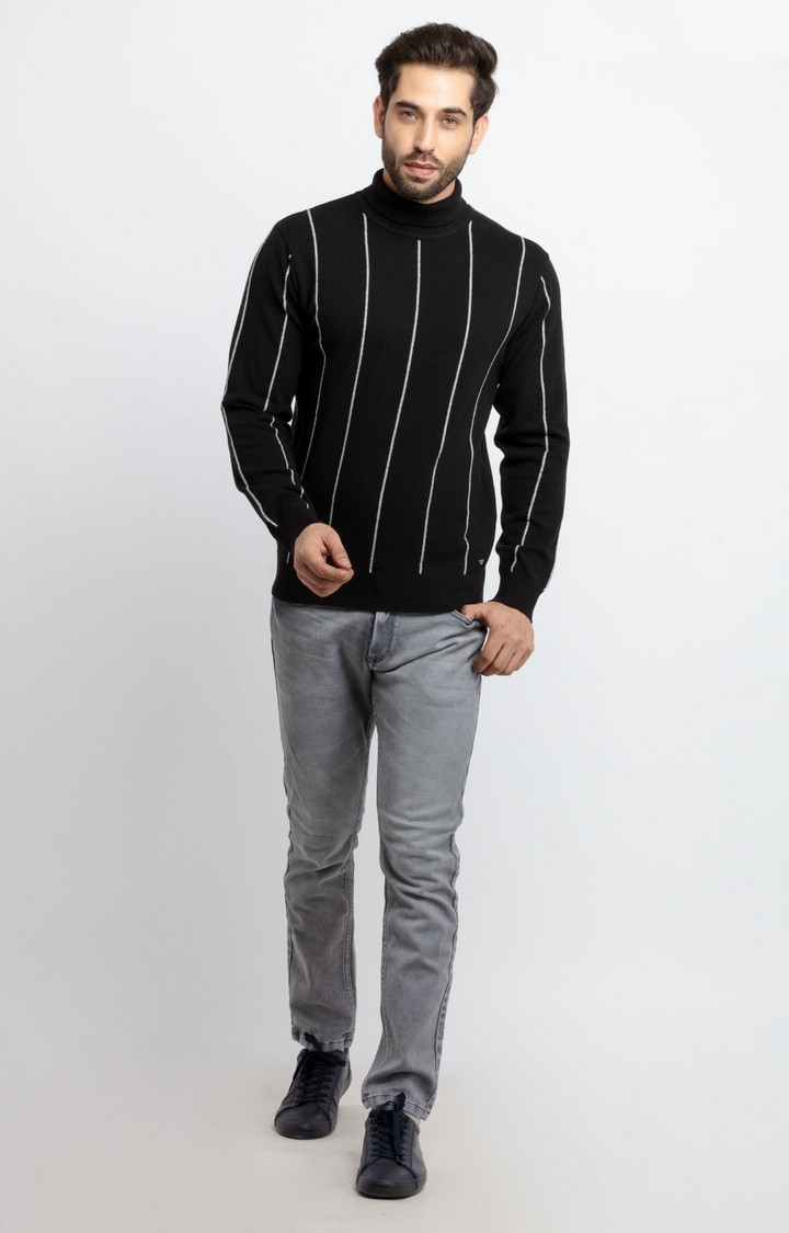 Status Quo | Men's Black Acrylic Striped Sweaters 1
