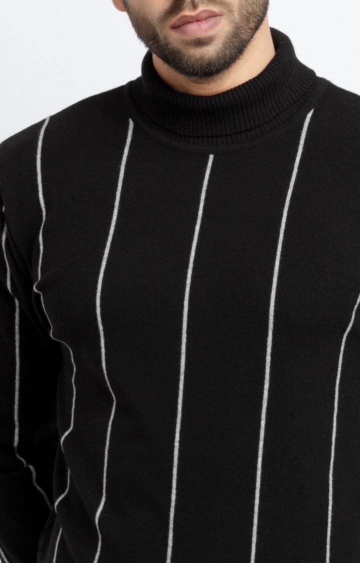 Status Quo | Men's Black Acrylic Striped Sweaters 4