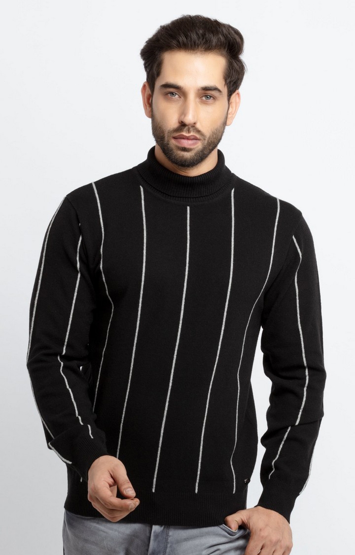 Status Quo | Men's Black Acrylic Striped Sweaters 0