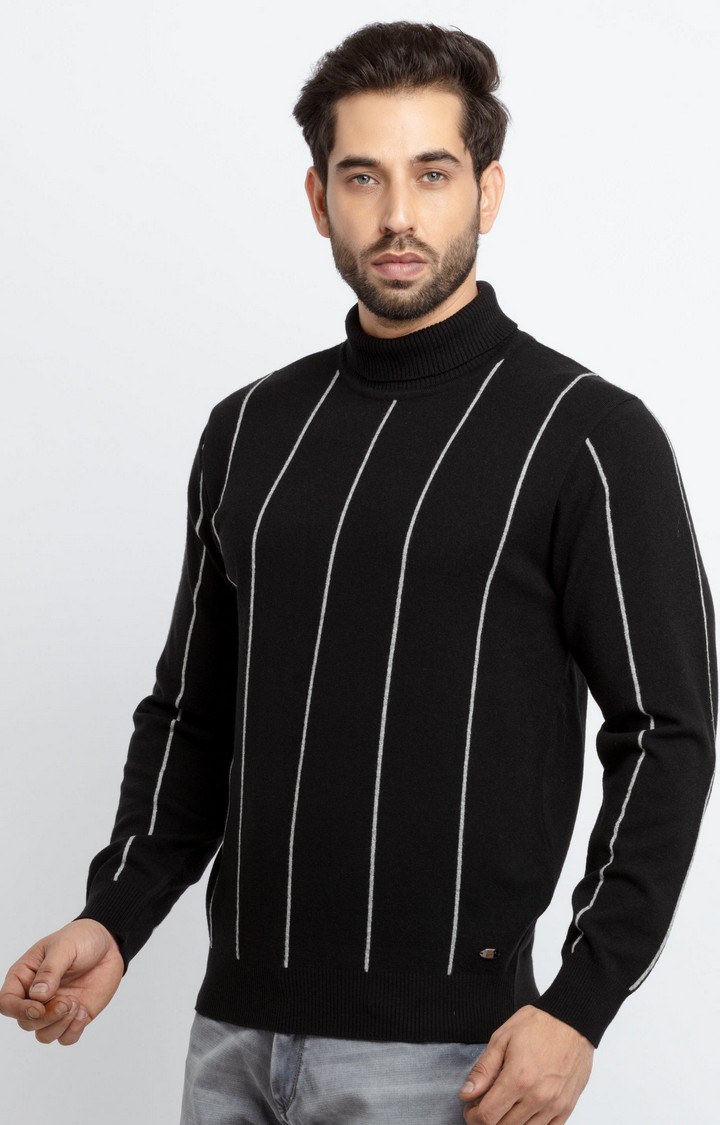 Status Quo | Men's Black Acrylic Striped Sweaters 2